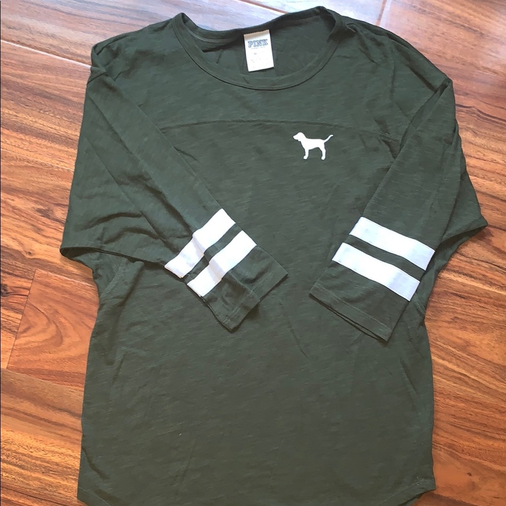 Victoria's Secret Green Long Sleeve Tee with White Stripes with “pink nation”